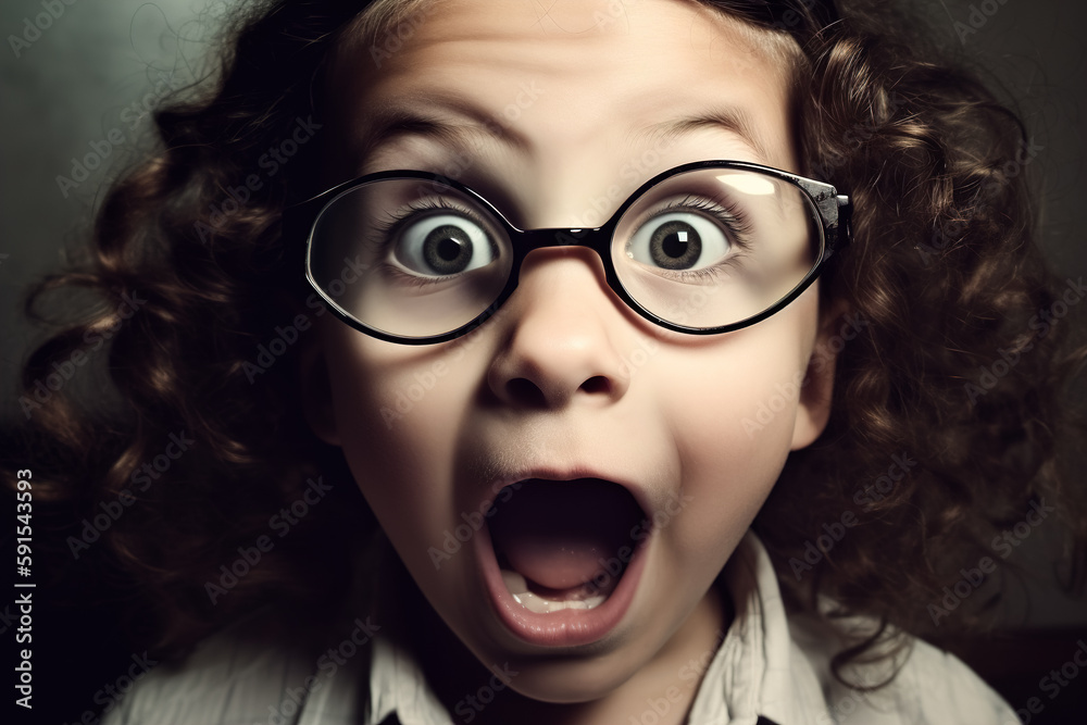 Surprised girl with glasses makes a strange face of satisfaction, big eyes and open mouth. Surprise, happiness and astonishment concept. Generative ai