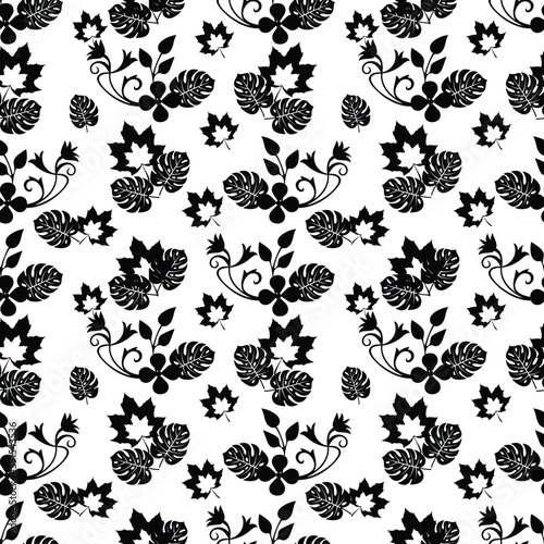 Black and white Vector seamless vintage floral pattern Design with jungle leaf  hibiscus for wallpaper  wrapping paper  background  fabric.