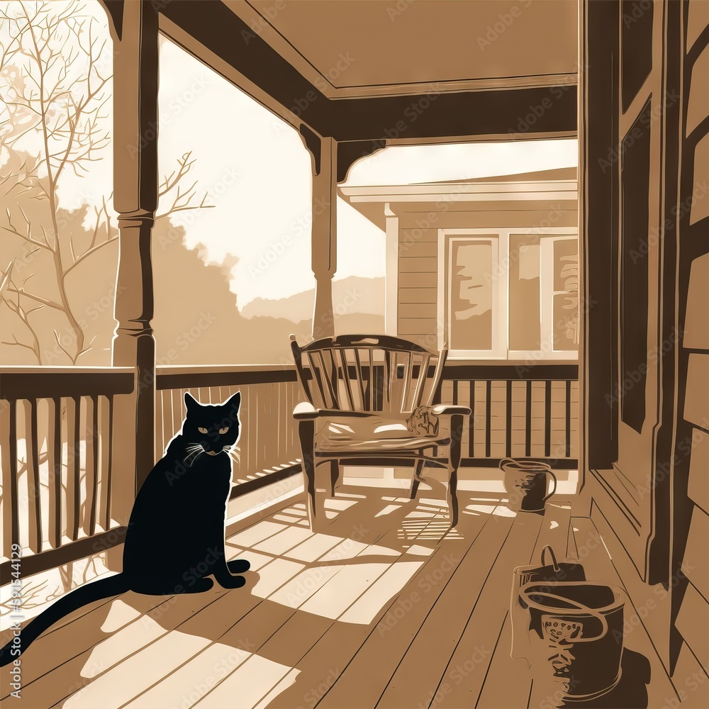 a black cat sitting on a porch next to a rocking chair and a bucket on