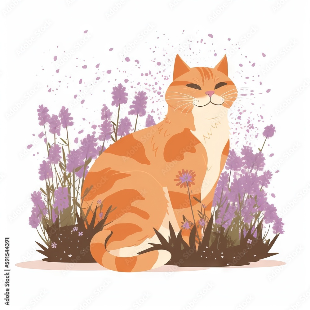 an orange cat sitting in a field of purple flowers and grass with its ...