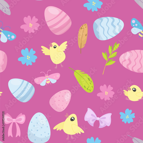 Happy Easter seamless pattern. cute Easter eggs, flowers, willow trees, yellow chickens, bugs on a pink background