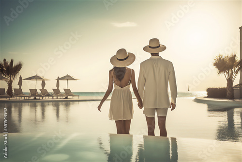 summer travel vacation  couple enjoying luxury infinity pool  escape indulge in a tropical paradise