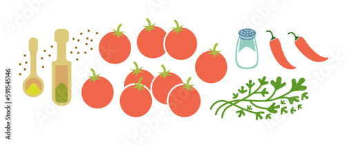 Satsebeli sauce fresh ingridients set. Tomato sause making. Flat vector illustration isolated on white background.
