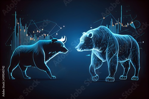 bull vs bear market in a dark blue background  generative ai