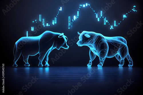 bull vs bear market in a dark blue background, generative ai