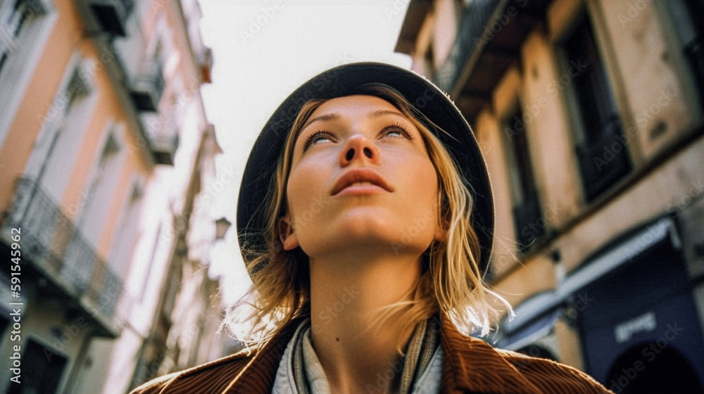 low angle shot of a woman, Generative AI. low angle shot of a woman, Generative AI.