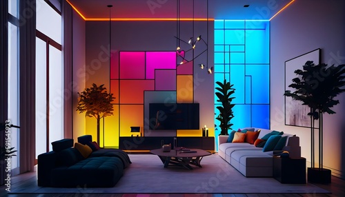 Salon moderne avec lumière led néon, generative ai