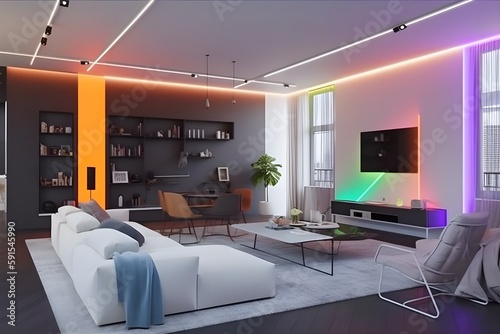 Salon moderne avec lumière led néon, generative ai