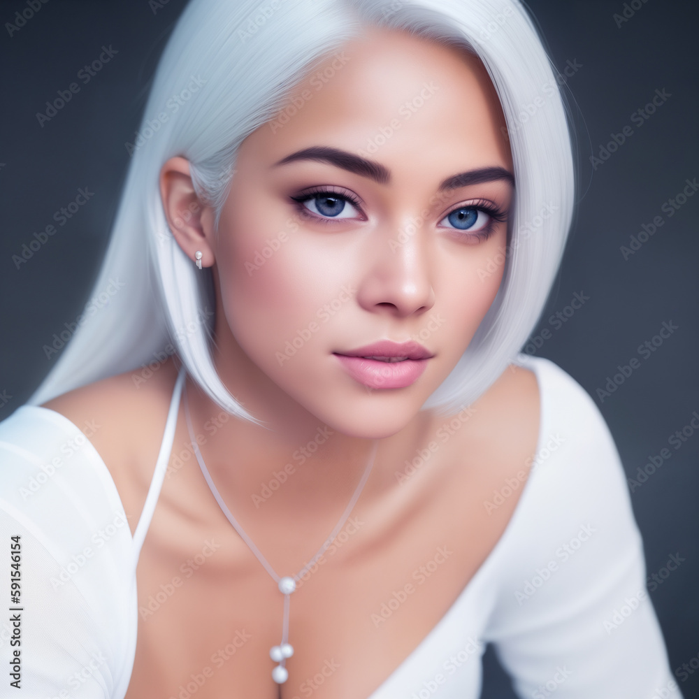 Close-up portrait of a sexy African woman with white lush short hair in a photo studio. Generative AI. Close-up portrait of a sexy African woman with white lush short hair in a photo studio. Generative AI.