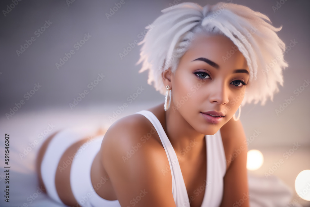 Sexy Mulatto Woman With White Lush Afro Textured Kinky Hair Or Short Curly African Dreadlocks In