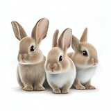 Illustration de trois lapins mignons sur fond blanc, generative ai