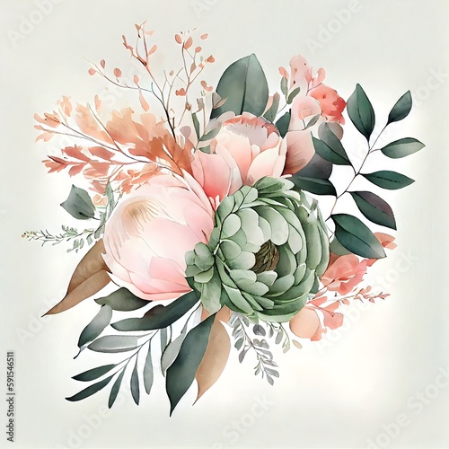 Bouquet floral aquarelle avec des feuilles vertes fleur de pêche rose, ai générative, generative ai photo