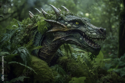 Ancient Forest Dragon Covered With Green Plants, Made Using Generative Ai © Arma