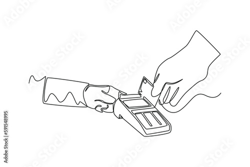 Single one line drawing hand swipes card with edc machine. Bank concept. Continuous line draw design graphic vector illustration.