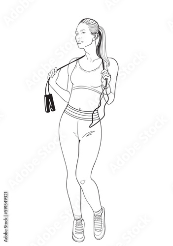 Athletic girl with jump rope. Linear black and white illustration. Girl in tracksuit and trainers. 
