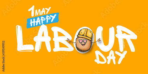 1 may labour day horizontal banner with cartoon funky rock n roll labour potato character with sunglasses and orange helmet isolated on orange background. Mayday cartoon poster design template