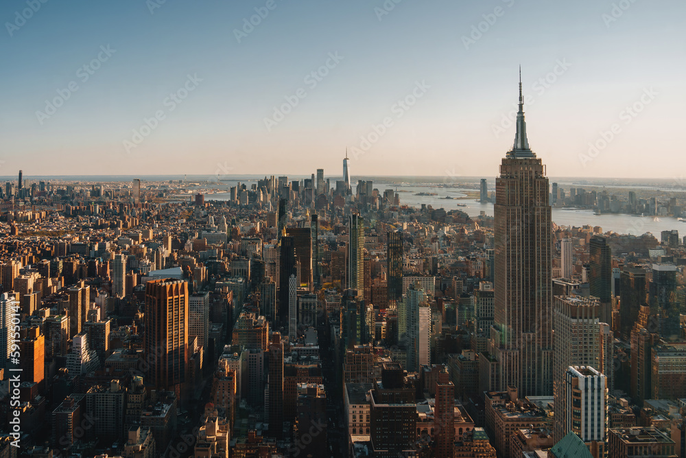 Amazing panorama view of New York city skyline. skyscraper at sunset. View over Midtown and Downtown and financial district.