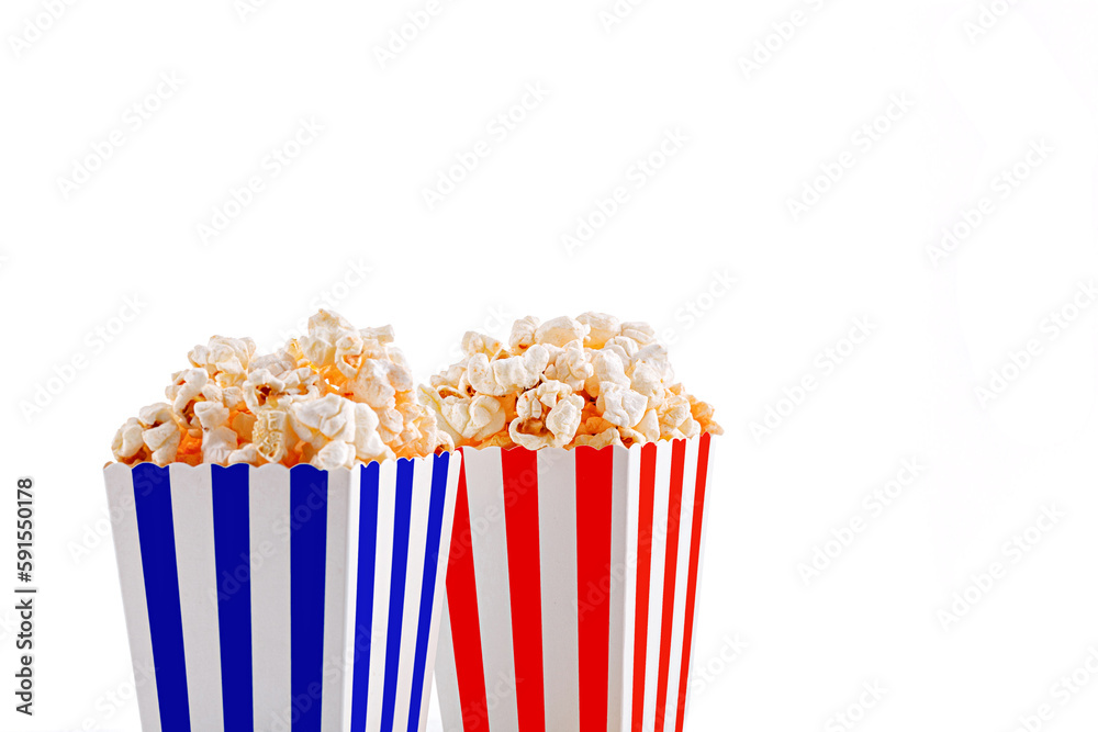 Glass with popcorn on a white background