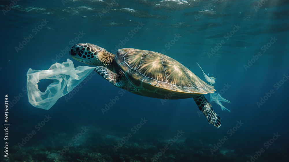 Obraz premium Plastic Pollution In Ocean - Turtle Eat Plastic Bag - Environmental Problem, Generative Ai