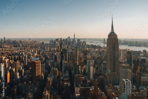 Amazing panorama view of New York city skyline. skyscraper at sunset. View over Midtown and Downtown and financial district. © Mathias