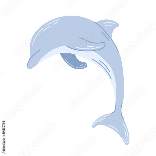 Hand drawn illustration of a blue dolphin. Simple underwater inhabitant. Modern hand drawn flat illustration isolated on white background.