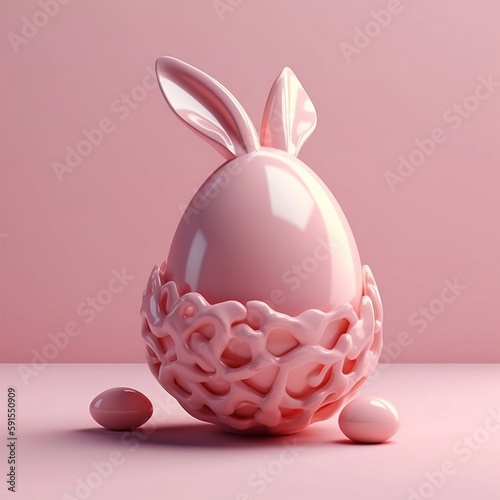 easter bunny with eggs , creative easter egg with rabbit ears on pastel pink background. Created using generative AI.