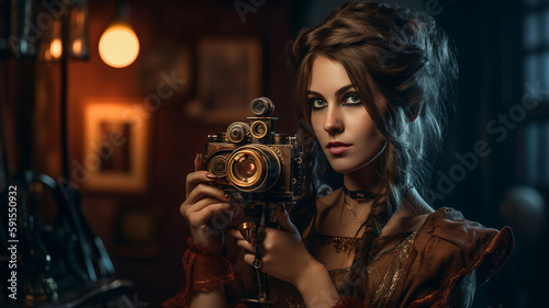 Generative AI image of a beautiful woman in steampunk costume holding a homemade camera.