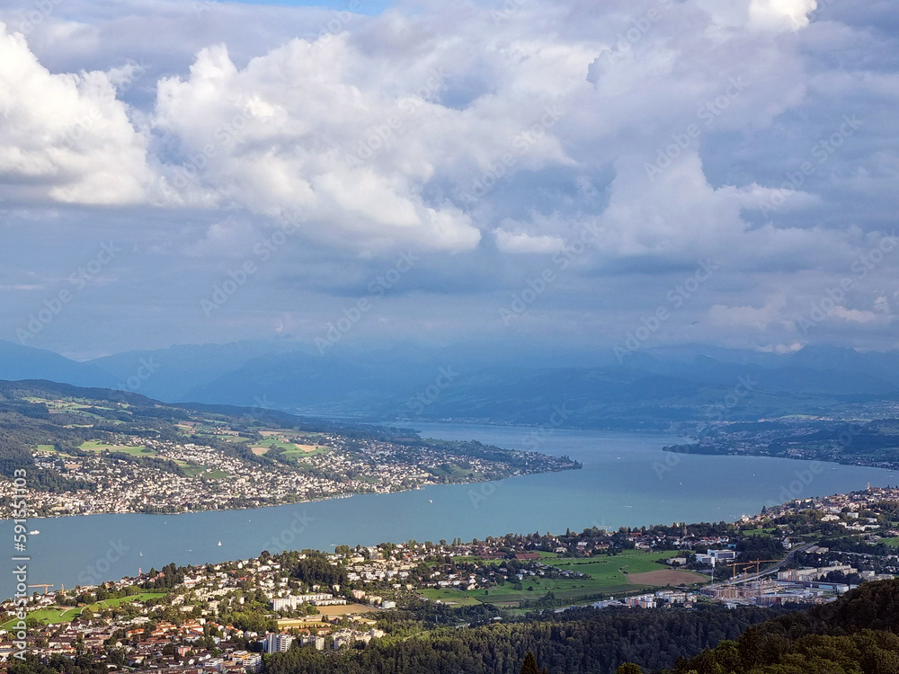 Lake Zurich. City view from above. Panorama of the city. Zurich panorama from the mountain. City background in summer.