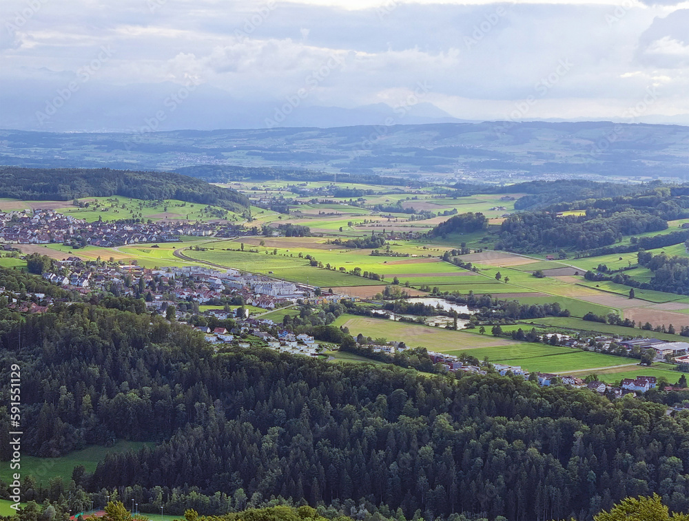 Panorama of the countryside. Suburbs of Zurich. Summer background. 