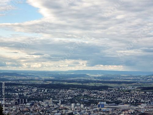 City view from above. Panorama of the city. Zurich panorama from the mountain. City background in summer.