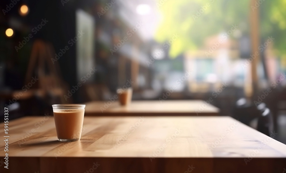 Fototapeta premium Empty Wooden Table on Blurred Restaurant Background - Top Table View with Copy Space