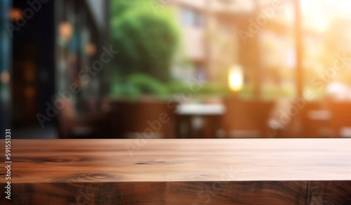 Empty Wooden Table on Blurred Restaurant Background - Top Table View with Copy Space