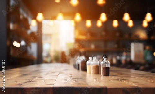 Empty Wooden Table on Blurred Restaurant Background - Top Table View with Copy Space