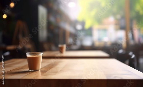 Empty Wooden Table on Blurred Restaurant Background - Top Table View with Copy Space