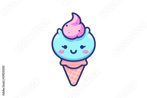 Colorful cute blue and pink ice cream cone in comic cartoon style