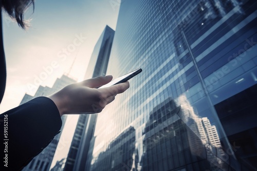 Business person holding phone city background generative ai 