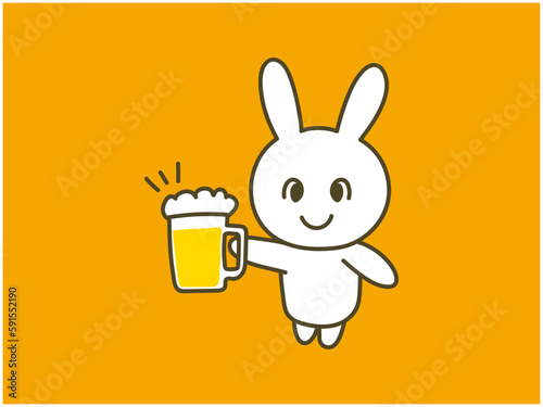 泡たっぷりの生ビールで乾杯するポップなうさぎ