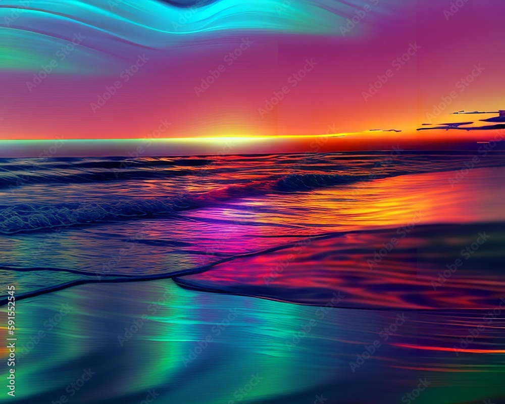 Beachside Aurora is a breathtaking psychedelic beach scene capturing a neon sunrise. Neon-Pink Electric-Blue Radiant-Orange Iridescent-Purple