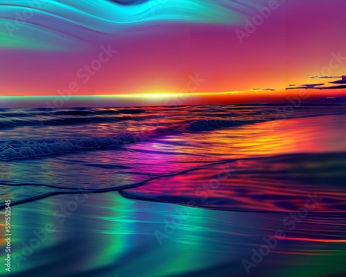 Beachside Aurora is a breathtaking psychedelic beach scene capturing a neon sunrise. Neon-Pink Electric-Blue Radiant-Orange Iridescent-Purple