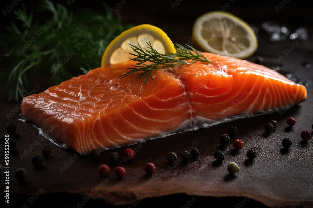 Raw Salmon Fillet With Lemon Slices. Generative AI Raw Salmon Fillet With Lemon Slices. Generative AI