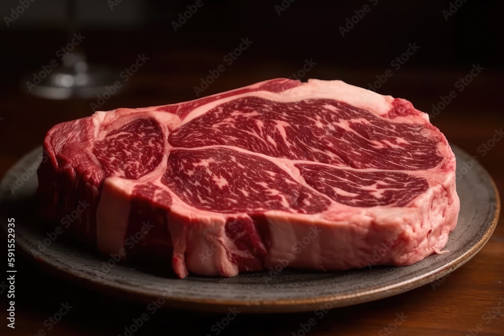 Plate Of Raw Beef Ribeye. Generative AI