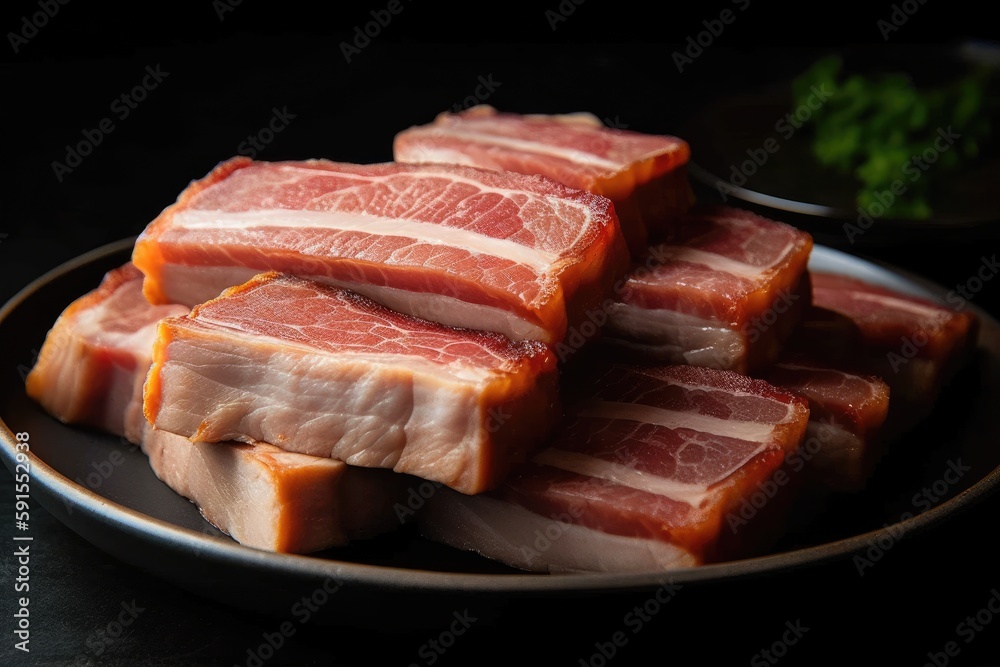 Plate Of Raw Pork Belly Slices. Generative AI