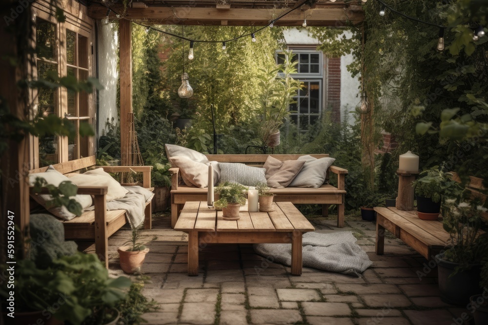 Scandinavian Style Outdoor Space With Wooden Furniture, Plenty Of Greenery, And Cozy Blankets Or Pillows. Generative AI