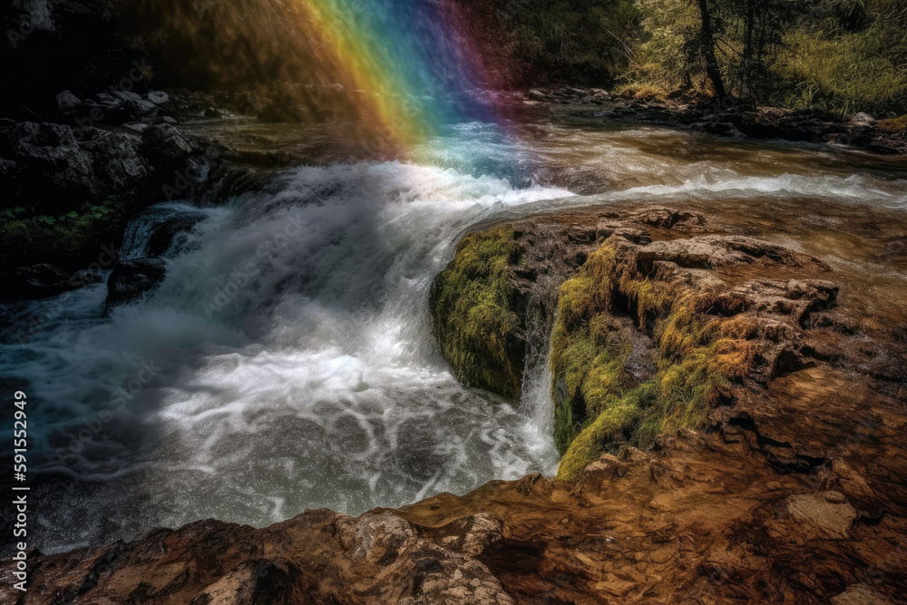 Rainbow In Which Each Color Blends Seamlessly Into The Next, As Though The Waterfall Is Canvas For Vibrant Painting. Generative AI