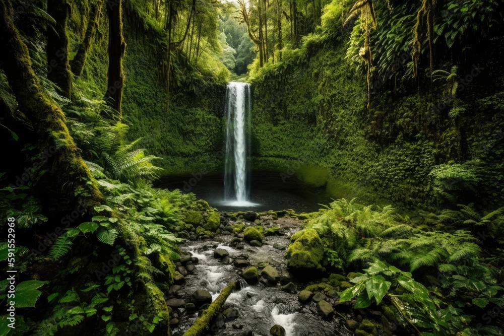 Scenic Waterfall Surrounded By Greenery. Generative AI