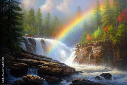Rainbow In Which Each Color Blends Seamlessly Into The Next  As Though The Waterfall Is Canvas For Vibrant Painting. Generative AI
