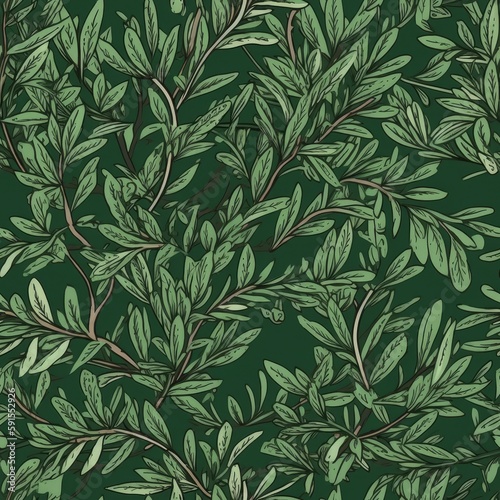 Seamless Wallpaper Background. Rosemary Leaf On Forest Green Background. Generative AI