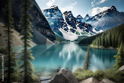 Scenic Mountain Landscape With Lake. Generative AI