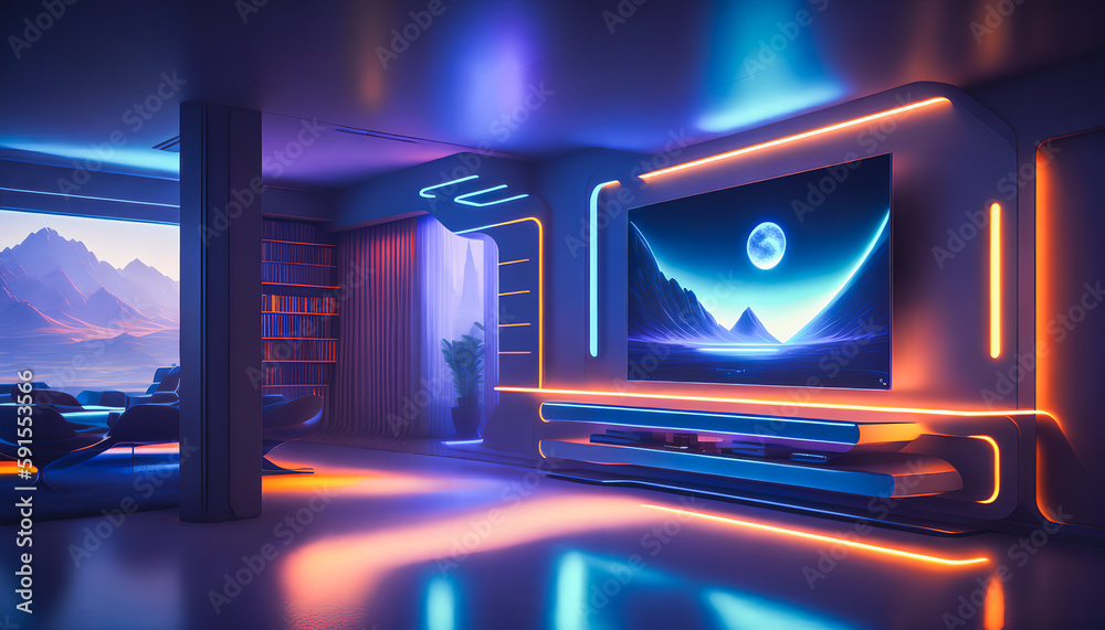Obraz premium A gamer's colorful room. LED decor. Strips of LED lights on walls and furniture. Large TV. Generative AI.