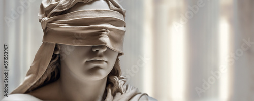 Illustration of blindfolded Lady Justice. Close up visage of a sculpture of lady justice, blindfold impartiality. Space for text, light theme background, isolated. Generative AI and 3D photo
